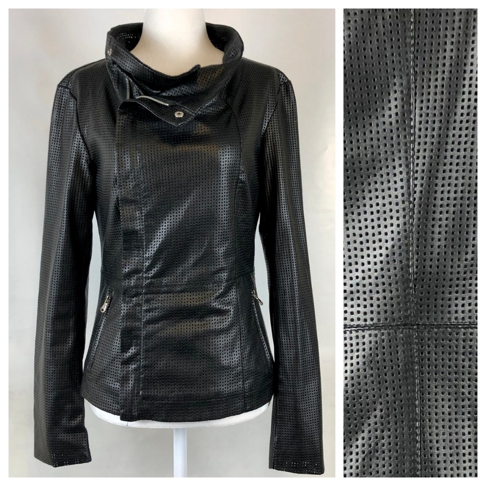Fitted perforated PU leather moto jacket